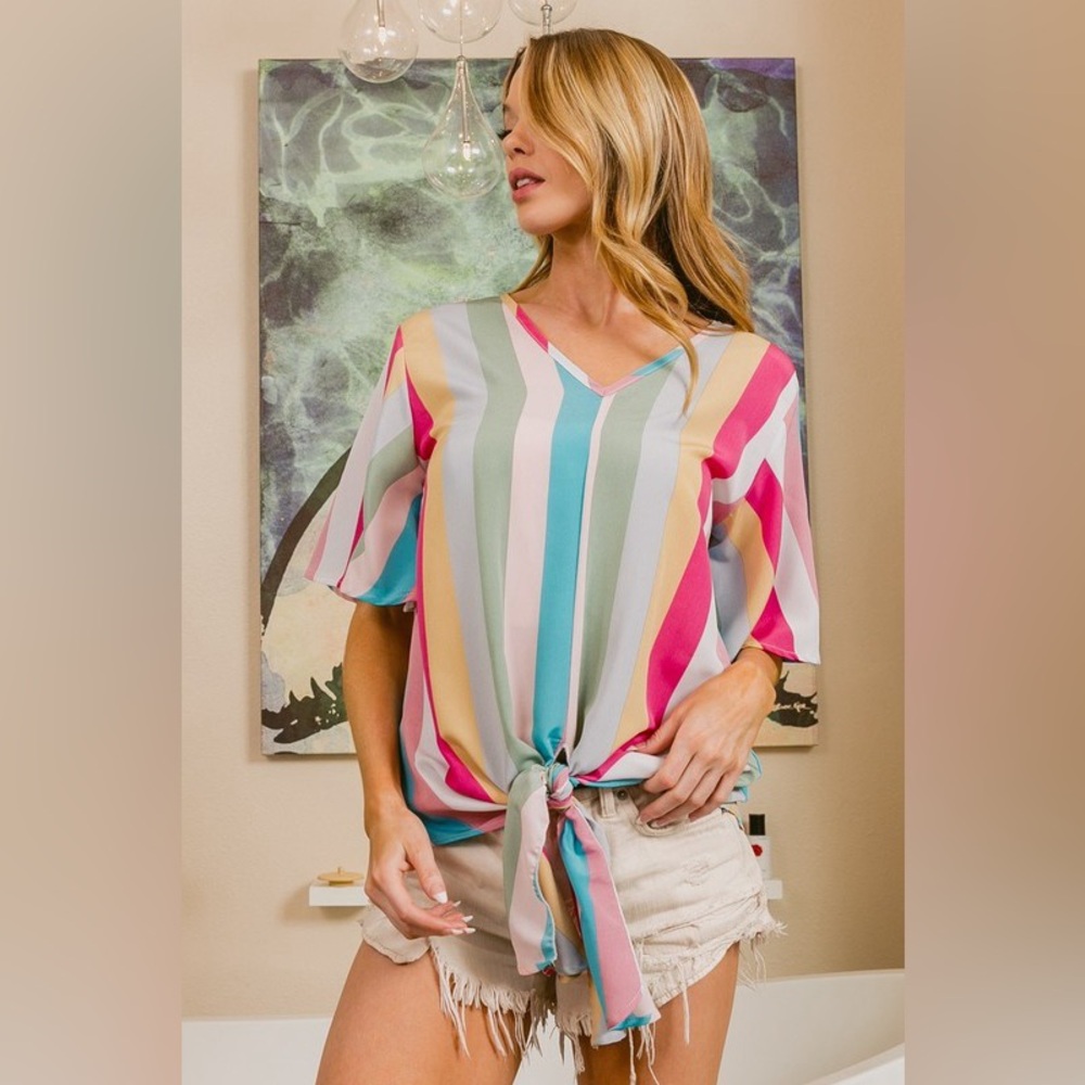 BiBi Multi Stripe Woven V Neck Top with Long Front Tie - Picture 4 of 14